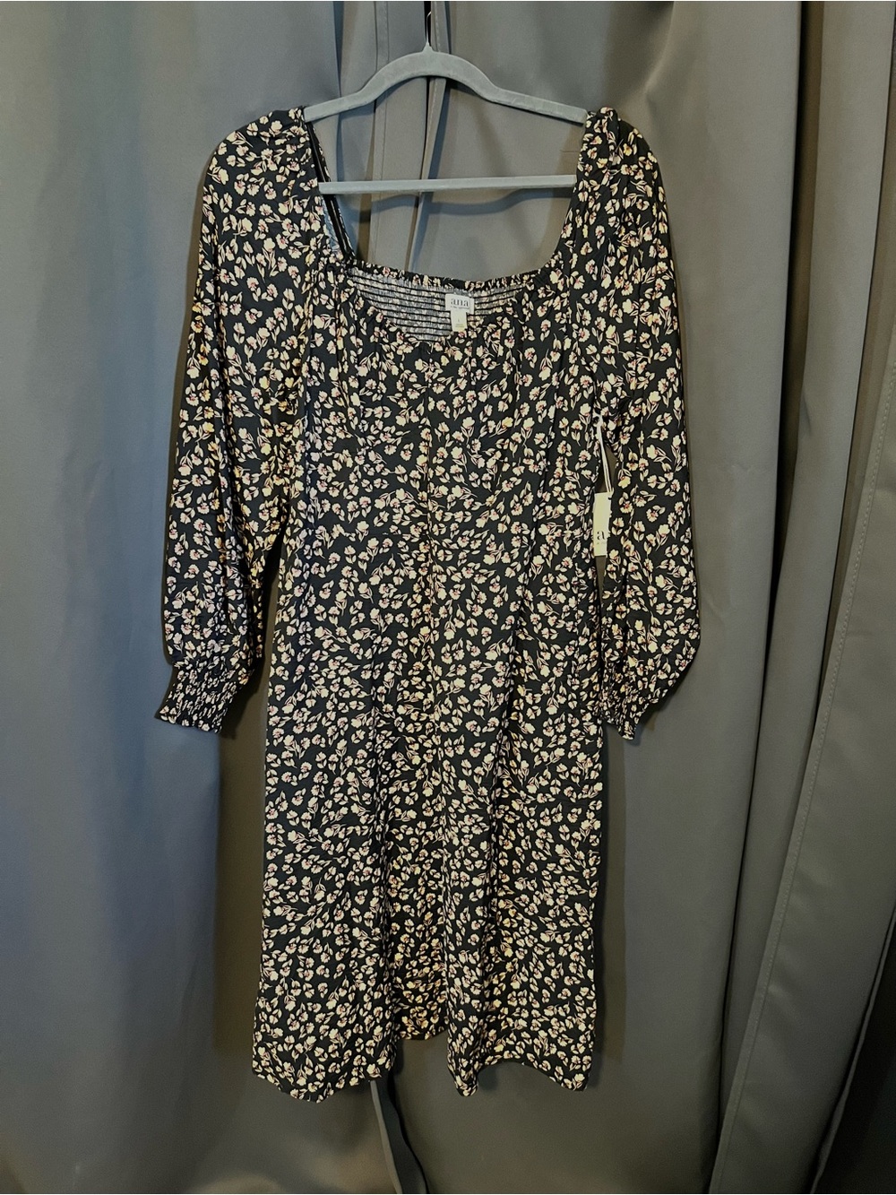 a.n.a Black Floral Square-Neck Long Sleeve Midi Dress